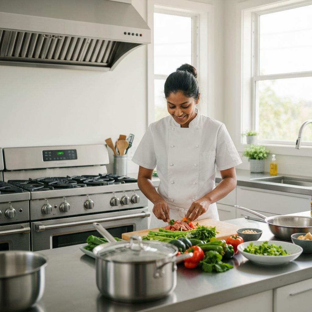 Home Chef Using Tramontina Cookware in Modern Kitchen