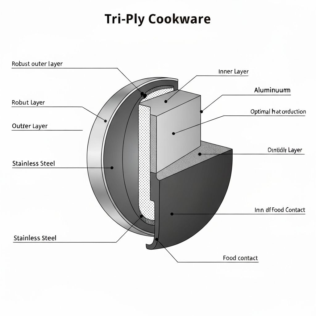 Tri-ply clad cookware construction showing three bonded layers